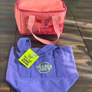 NWT Trader Joe’s Bundle . One peach mini insulated tote and a purple mini canvas
